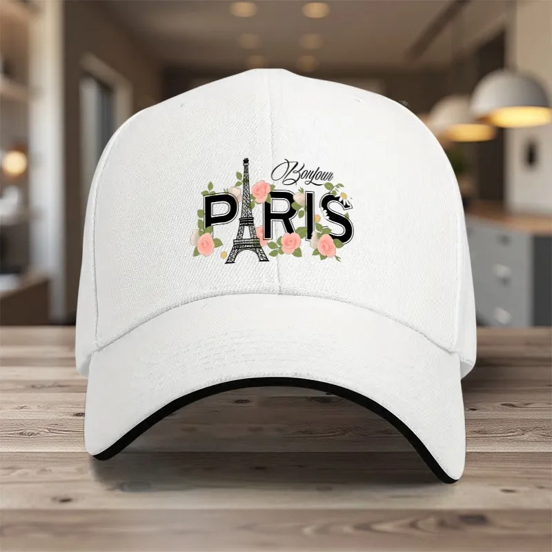 Bonjour Paris Eiffel Tower Floral Baseball Cap Unisex Polyester Adjustable Outdoor Hat