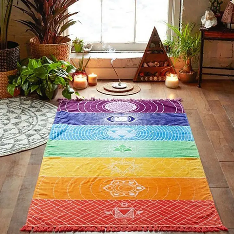 Rainbow Boho Beach Mat Mandala Blanket Striped Wall Hanging Tapestry Scarf Yoga Mat