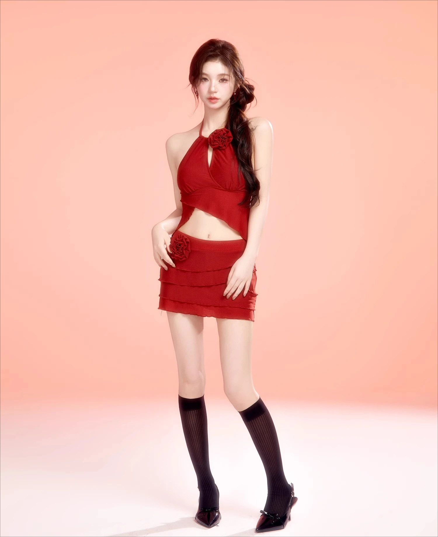 2025 New Women's Stunning Red Flower Halter Neck Strapless Backless Small Chest Beach Vacation Hot Spring Two-Piece Swimsuit