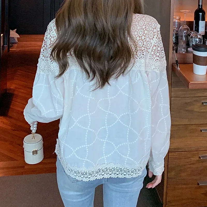 Elegant Sexy Hollow Out Lace Shirt Women Korean Fashion Casual Blouse Loose Clothes Autumn Long Sleeve Blouses Women Tops 28775