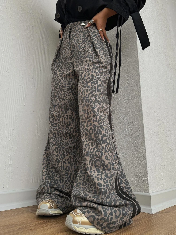 High Waist Wide Leg Pants Women's Casual Loose Drapey Rockabilly Street Style American Loose Fit Trousers Leopard Print