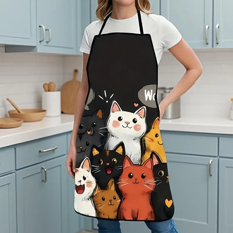 Schürze aus Polyester mit niedlichem Katzenmuster, lebendige Cartoon-Katzen mit Herz- und Sternen-Design, Küchenschürze zum Kochen, Backen, Heimdekoration