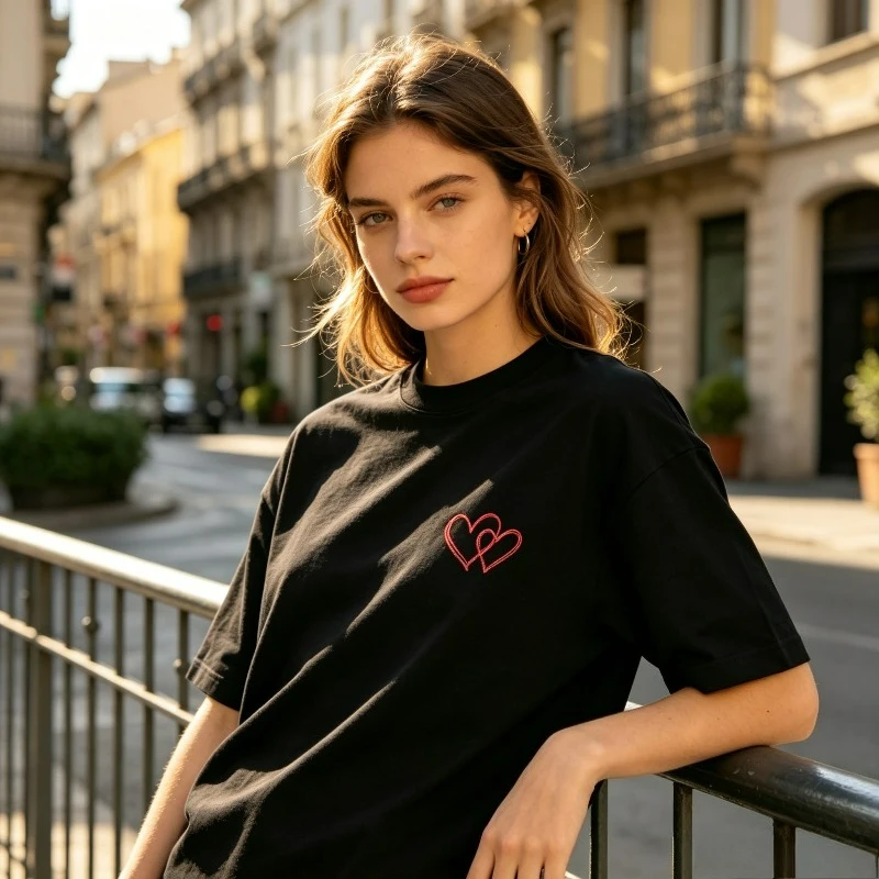 Vintage Red Double Heart T-Shirt for Couple Minimal Line Art Chest Print Casual Matching Streetwear Tee