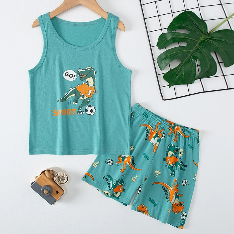 

2-piece Children's Summer Cotton Dinosaur Suit Boy Casual Comfortable Round Neck Vest Joker Comfortable Breathable Shorts Girl T