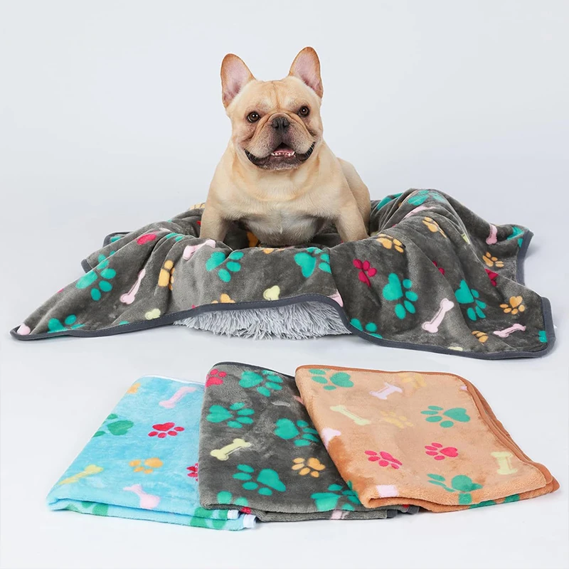 Soft Flannel Pet Throw Blanket Cute Paw Bone Print, Warm Lap Blanket for Bed Sofa, Multi Sizes Dog Cat Blanket for Car Seat