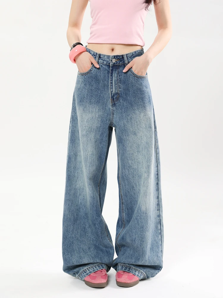 

Ретро американские синие прямые джинсы с завышенной талией, женские свободные широкие повседневные универсальные длинные брюки с высокой талией на молнии