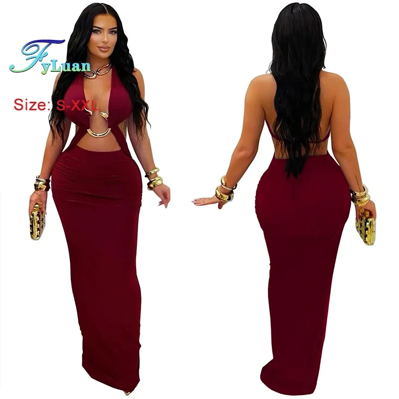 مثير عارية الذراعين المرأة فستان طويل بلون الدانتيل يصل حلقة معدنية الديكور Bodycon فستان موضة بلا أكمام ملهى ليلي فساتين حفلات