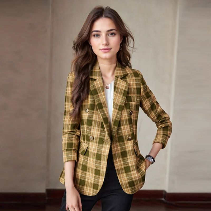 ZJYT Vintage Plaid Print Outerwears Woman 2024 New In Coats Blazers Feminino Jackets Large Size Elegant Lady Casaco Veste Femme