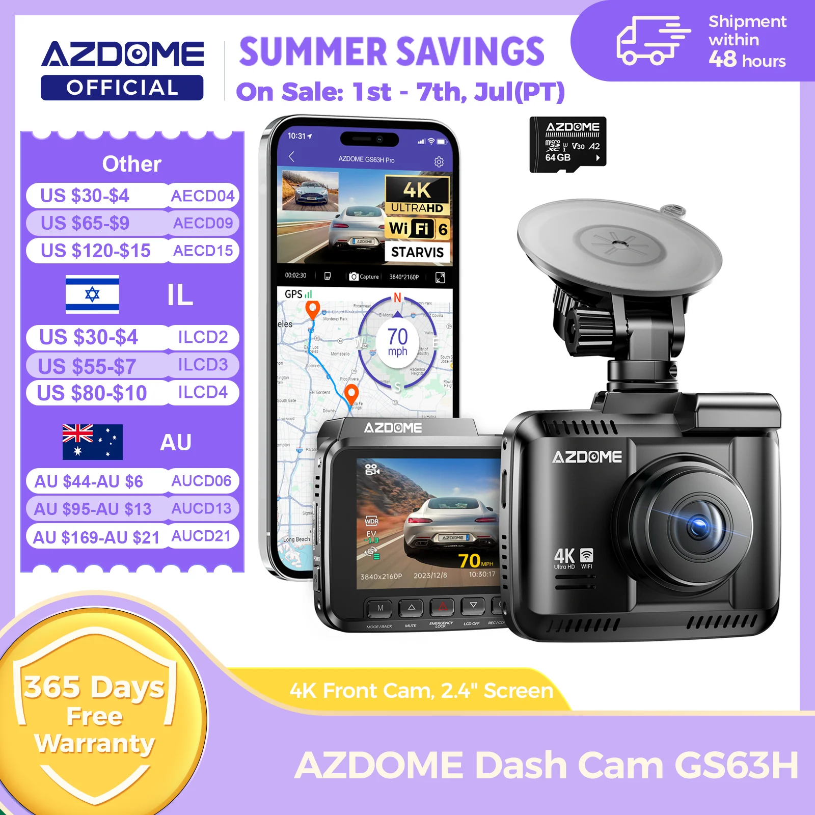 AZDOME Dash Cam GS63H 4K GPS incorporado Wi-Fi Dash cámara de coche con Starvis 2,4 "pantalla WDR visión nocturna coche DVR aparcamiento Monito