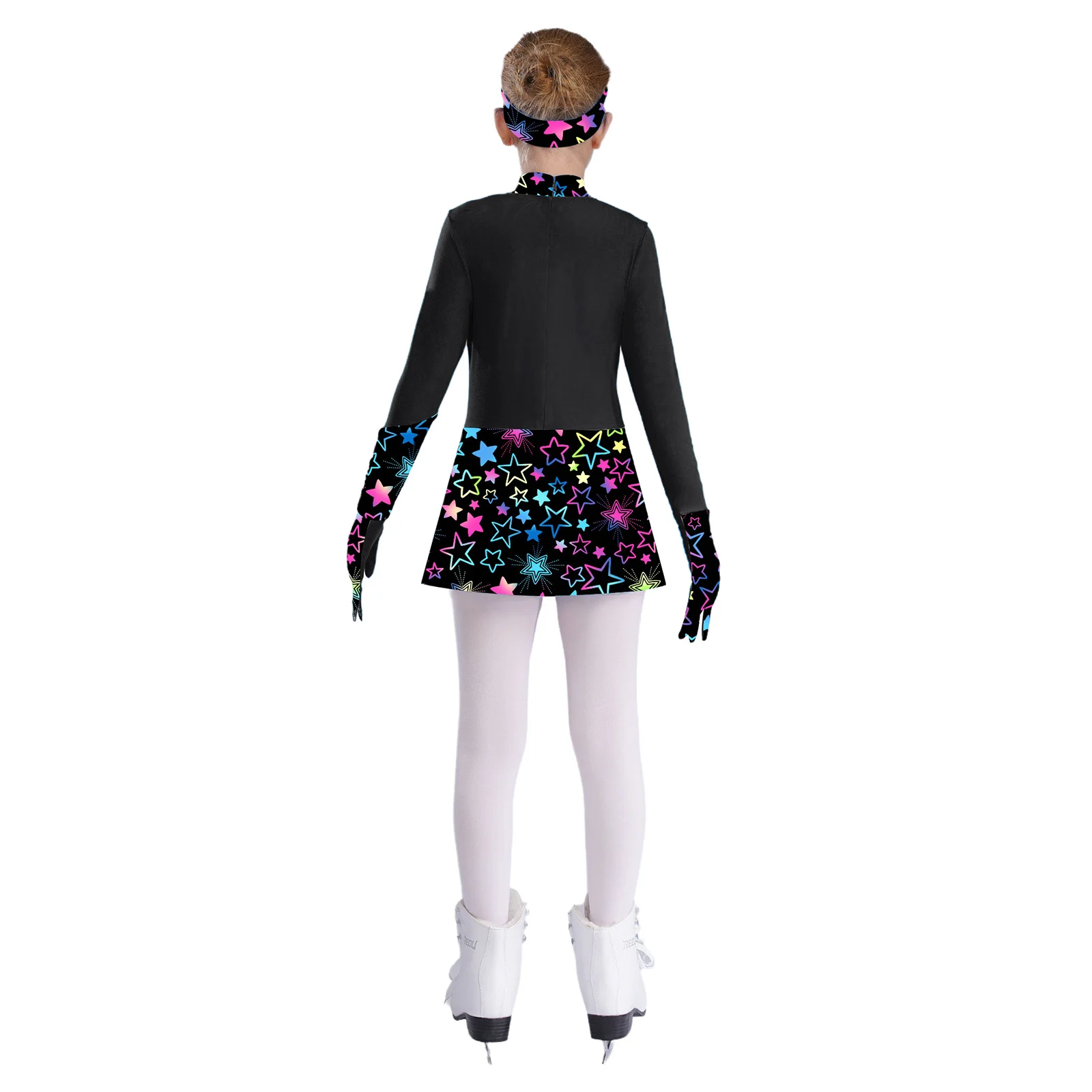 Girls Figure Skating Dress Shiny Rhinestones Gymnastics Outfit Long Sleeve Printed Ballet Leotard Dress with Gloves Headband