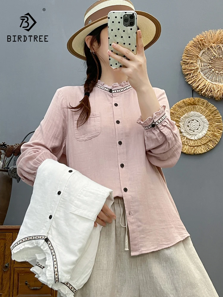 

New 2025 Autumn Cotton Yarn Long Sleeve Shirt, Women Ruffled Embroidery, Mori Girl Sweet Age Reduction Loose Blouse T59151CC