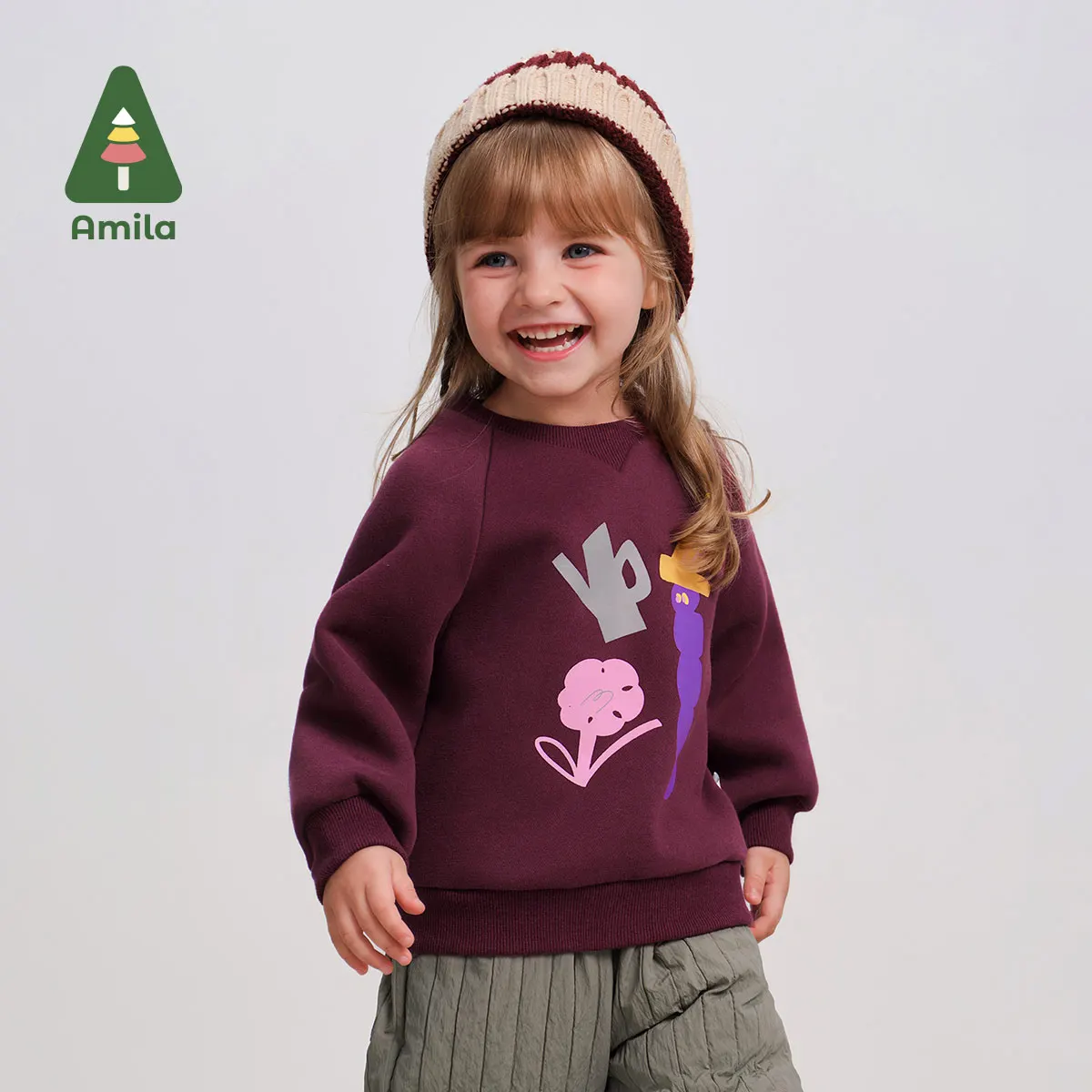 Amila Baby Sweater 2024 Winter New High Quality Contrast Color Cartoon Plus Velvet Warm Soft Skin-Friendly Children‘s Pullover