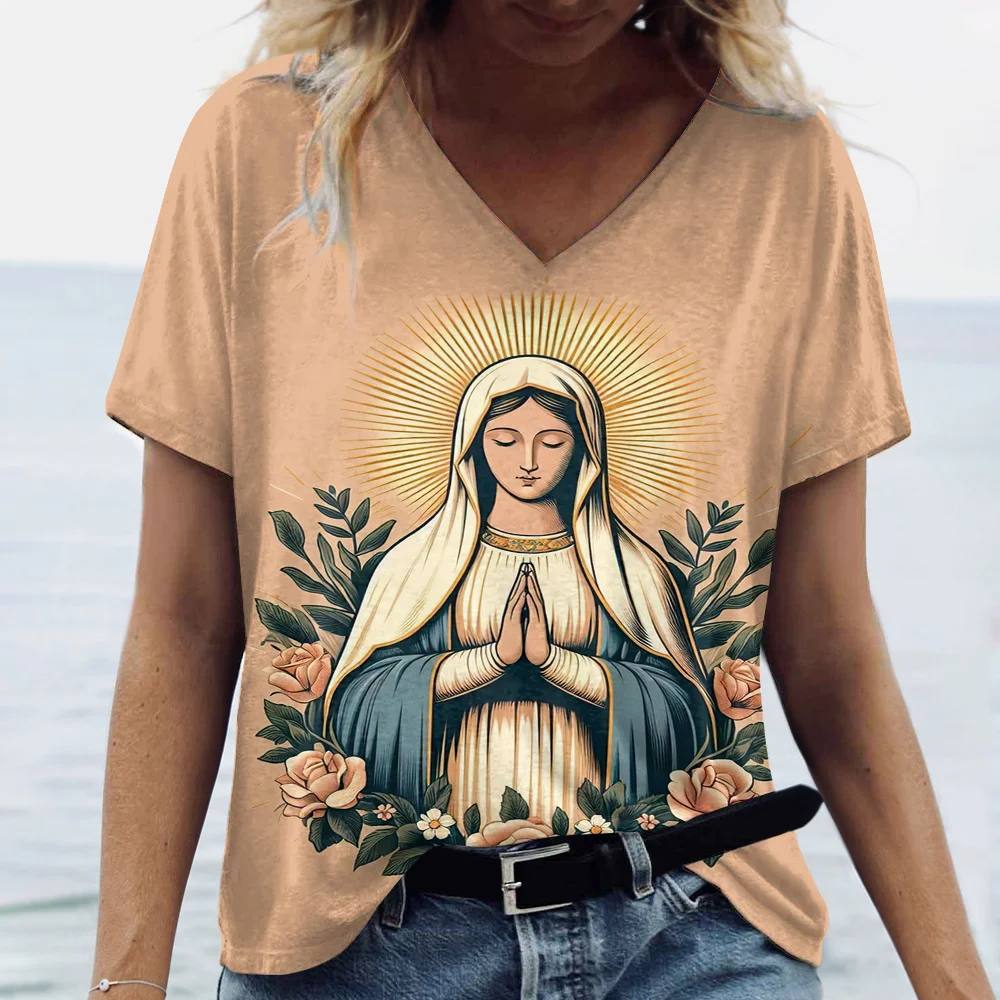 Virgin Mary 3D Print T-Shirts Women V-Neck Casual Short Sleeve T Shirt Street Tees Oversized Y2k Harajuku Top Female Clothing
