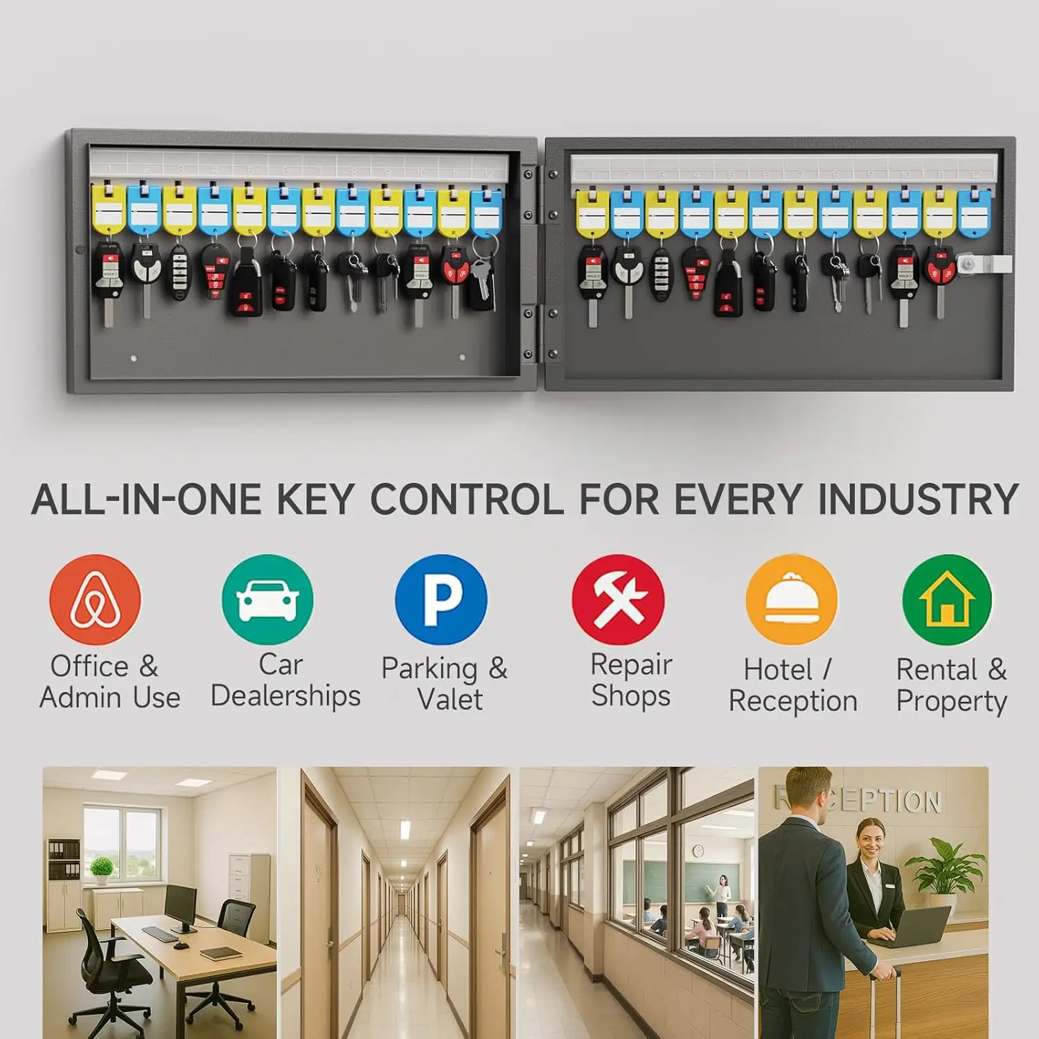 24-Key Cabinet Organizer,Key Lock Box&Safe Security Storage Holder for Valets,Hotels,Car&House Keys,Keeper Box