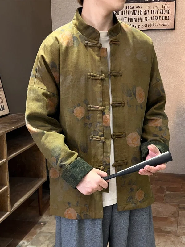

Мужская льняная куртка свободного кроя для тай-чи, новая весенняя модель, с принтом, воротник-стойка, повседневная молодежная верхняя одежда в стиле улар