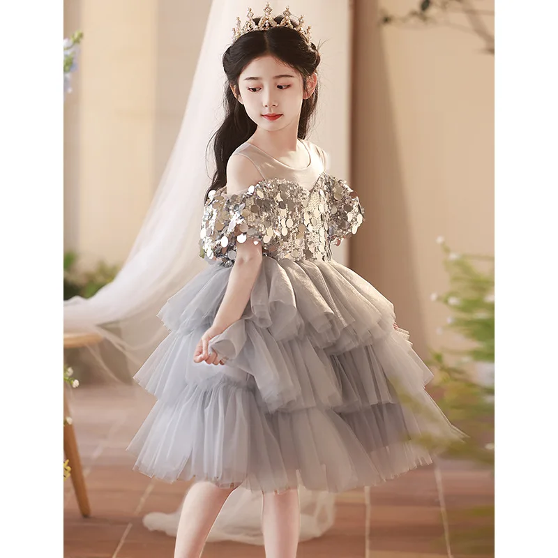 

Gorgeous Girls Princess sequin Palace Dress round neck Children Wedding Gown baby infant Birthday Party Kids Dresses Cake skirt