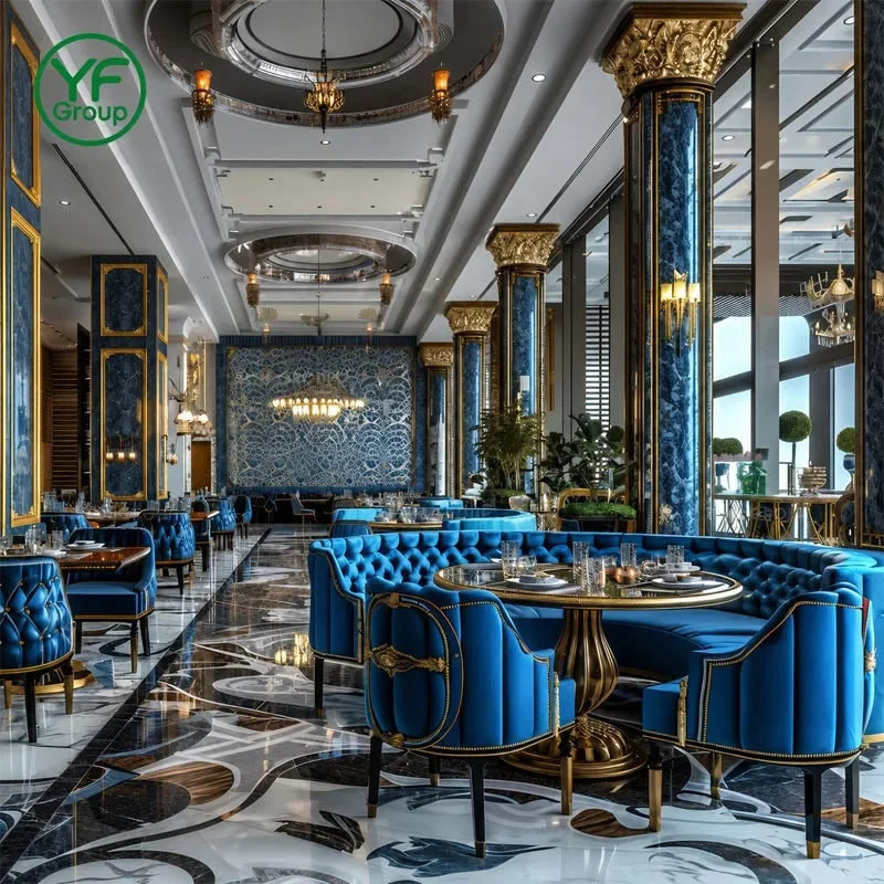 OEM/ODM High-End Restaurant Furniture Curved Tufted Velvet Booth Seating Metal Table and Chair Commercial Hospitality Projects