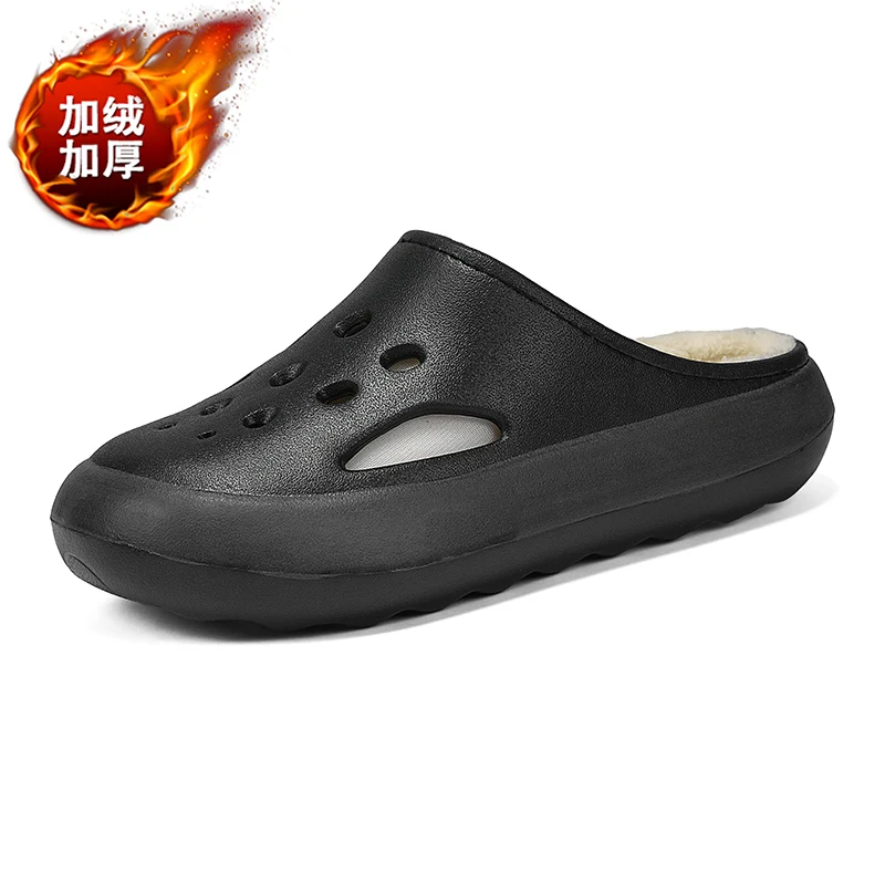 داخلي المنزل أحذية قطنية شتاء دافئ أفخم الفراء قباقيب لينة نصف أحذية للرجال النساء عارية الذراعين الصنادل المطاطية حديقة الأحذية