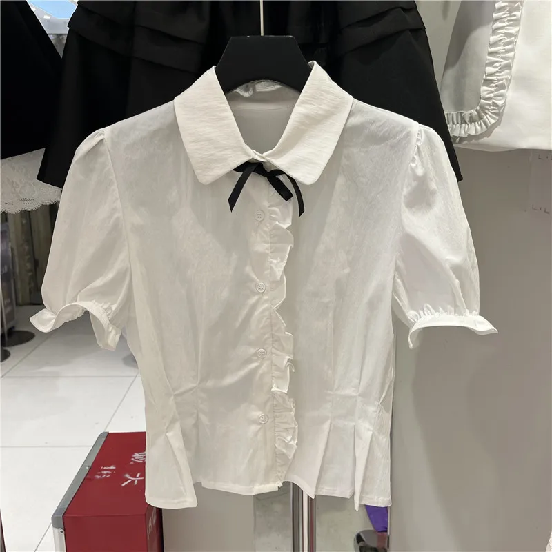 

Women's Turn-down Collar Short Sleeve Shirt Summer New Style Waist-cinching Detachable Knot Open Cardigan Top