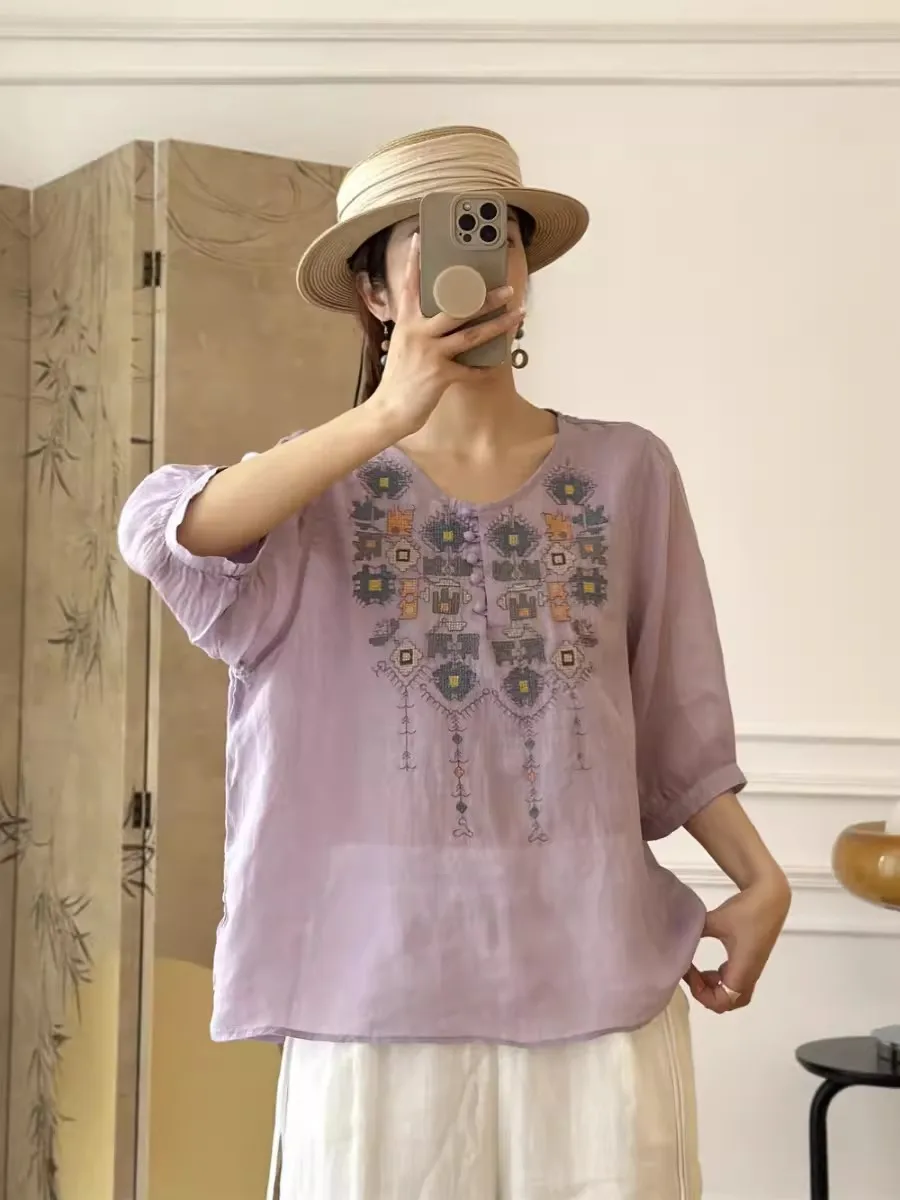 Retro Dames Katoen Linnen Geborduurd V-Ne f Sve irt Zomer Losse Plus Size Afslanken Dunne Sle Pendelen Faion