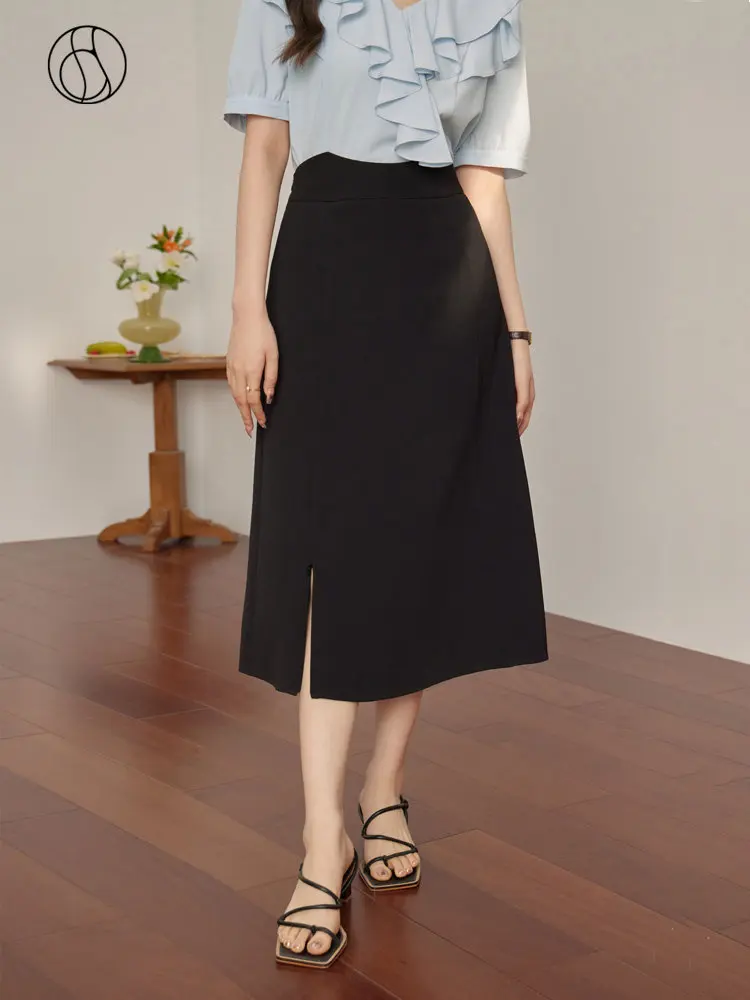 

DUSHU Simple High Waist Slit Skirt Temperament Black Twill Office Lady Summer A-LINE Skirts Back Elastic Waist Female Skirts