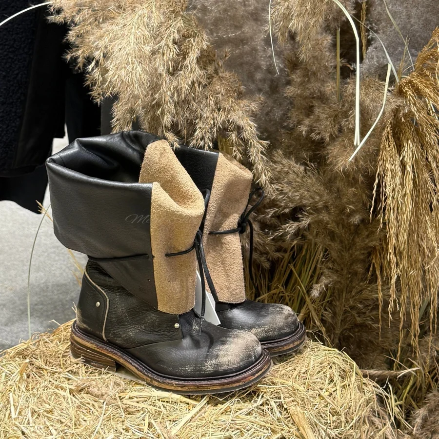 Women Vintage Distressed Splicing Fold Over Western Cowboy Boots Knight Workwear Wide Short Leather Boots Plus Size Lady