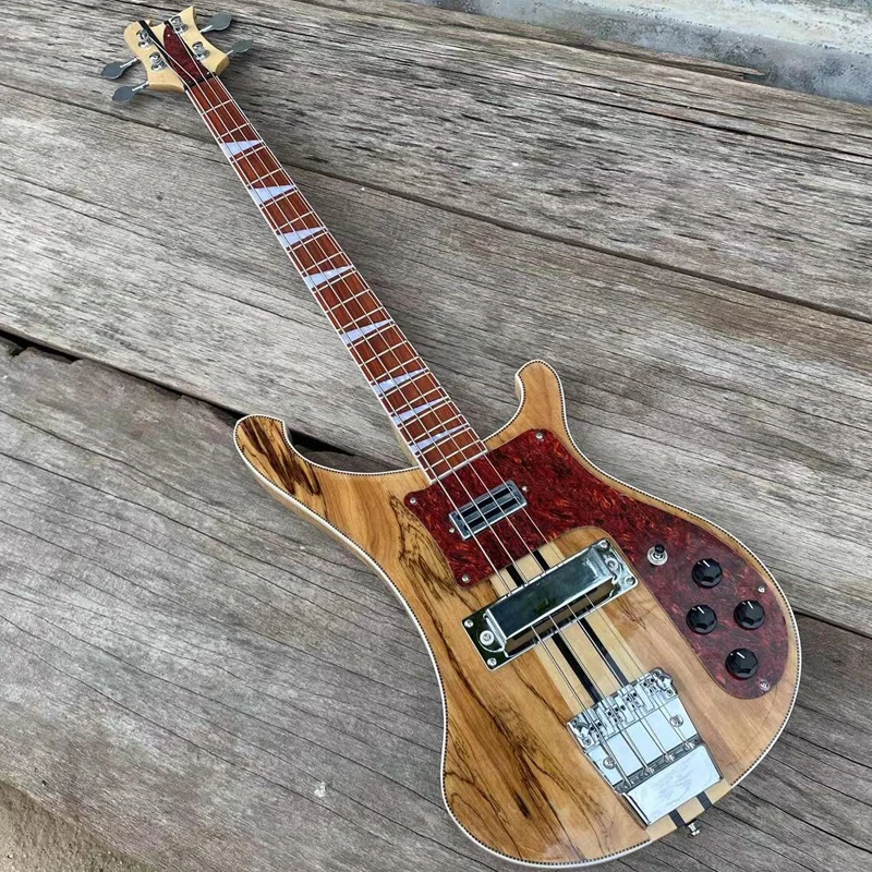 Maple+Rosewood Neck Thru Body Electric Bass Guitar Adjustable Bridge, Red Tortoise Pickguard, Spalted Maple Checkerboard Binding