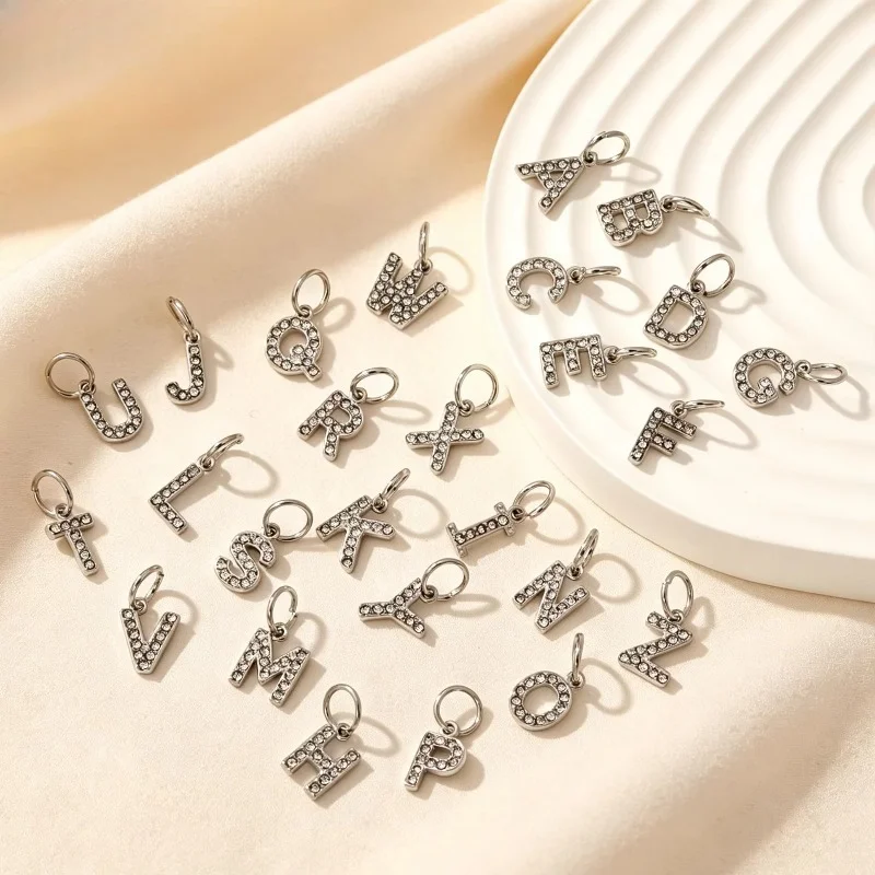 26 Letters Alphabet Charm Silver Alloy Micro Pave Rhinestone Initial Pendant DIY Handmade Personalized Name Jewelry Accessories
