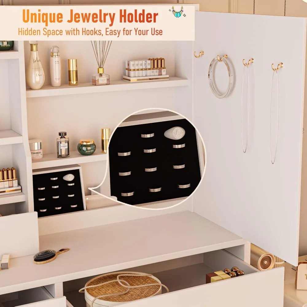 Scrivania per trucco illuminata a LED con presa di corrente, sgabello e deposito gioielli, scrivania bianca per trucco