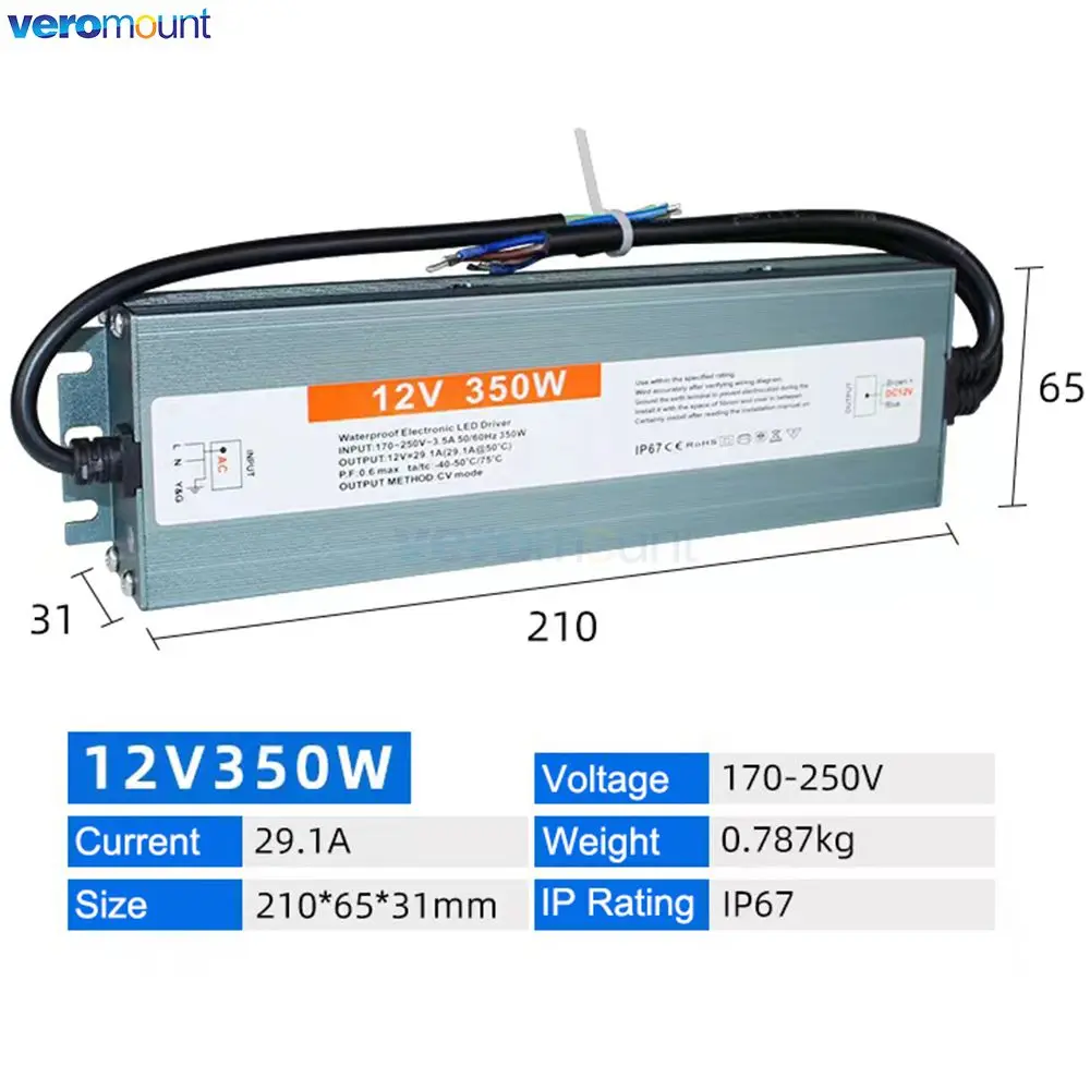 AC DC Transformers Power Supply Outdoor IP67 Waterproof  Switching Power Supply AC 220V to DC 12V 24V 100W 150W 200W 300W 350W