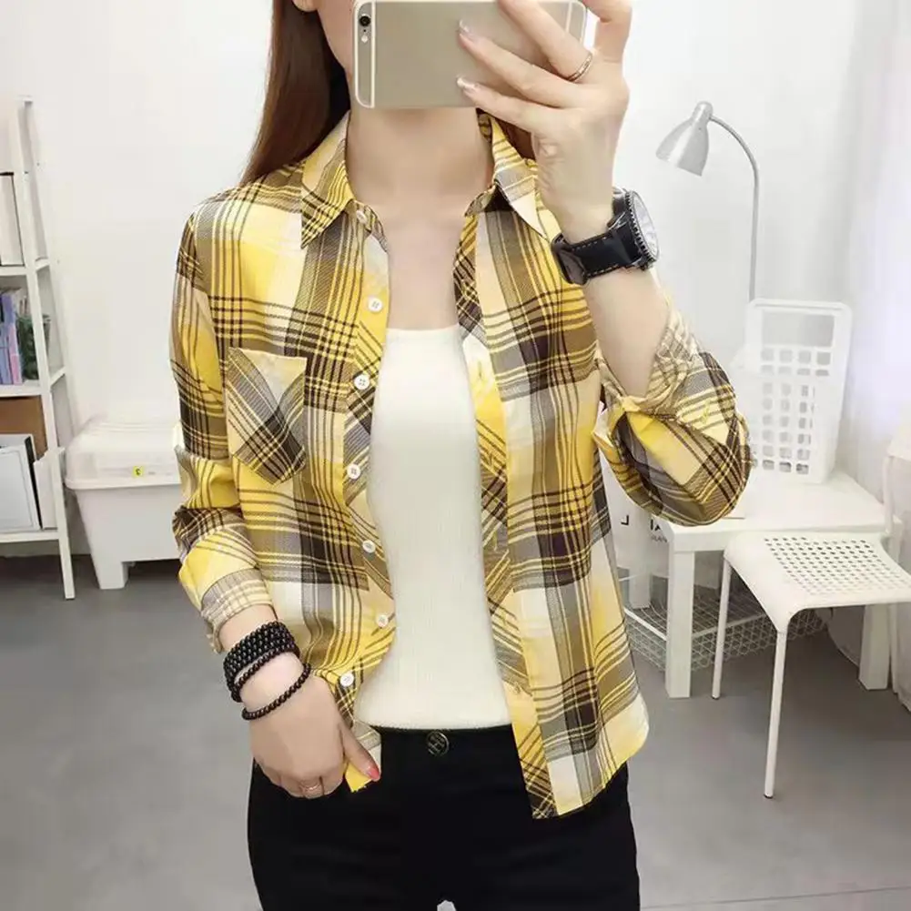 Women Shirt Lapel Long Sleeve Single Breasted Shirt Tops Patch Pockets Plaid Print Blouse Casual Style Shirt Coat 체크 블라우스