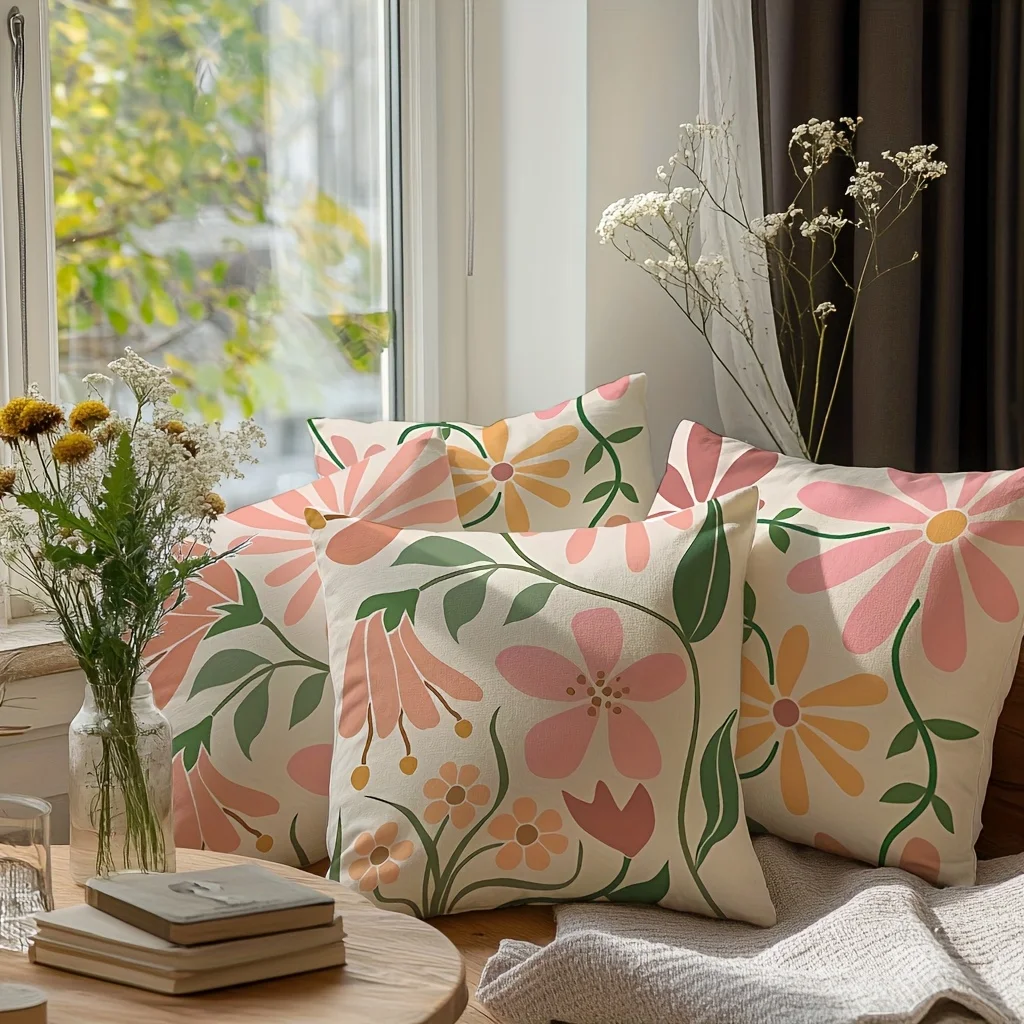 Set of 4 Printed Floral Cushion Covers Boho Aesthetic Throw Pillows for Living Room Home Decor Storage Gift