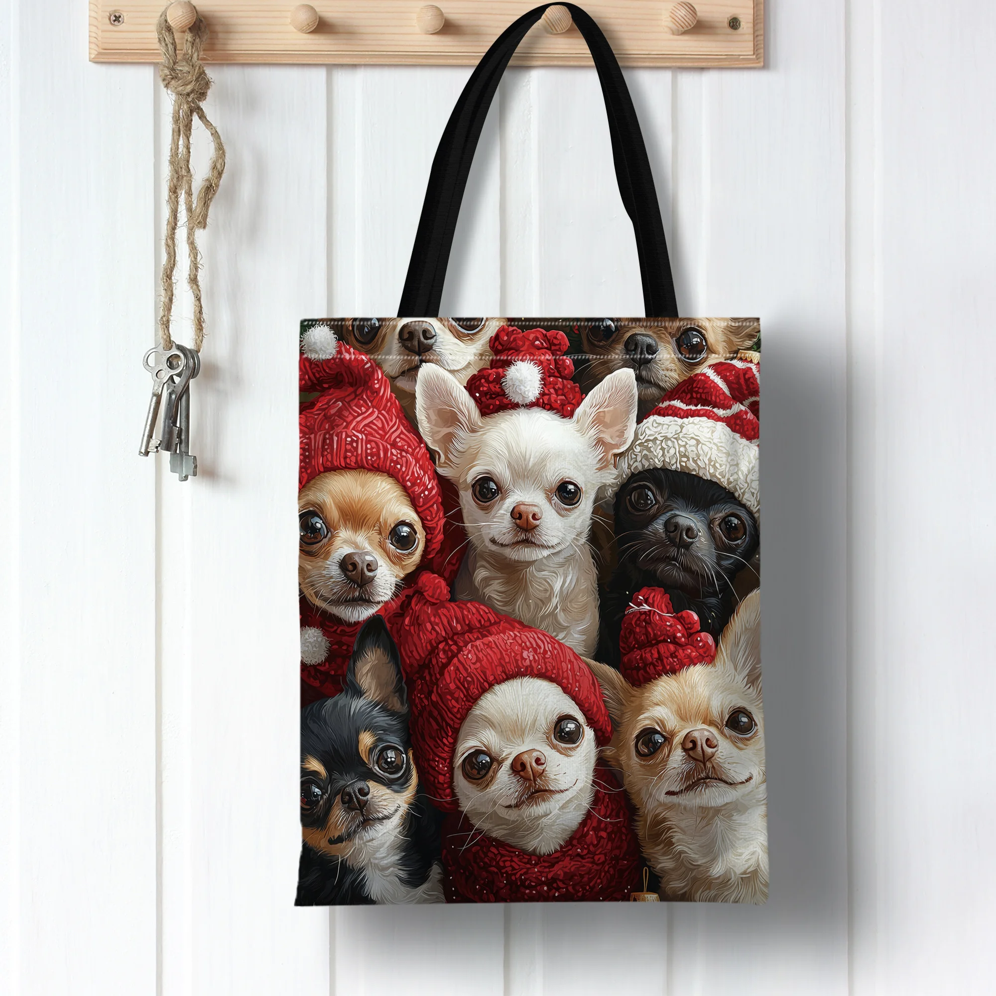 1pc Chihuahua Print Polyester Tote Bag Durable Reusable Shopping Shoulder Bag Cute Animal Design