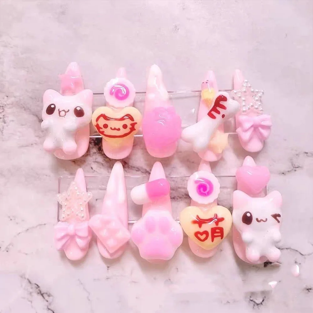 Niedliche Retro Japanische Rilakkuma Rosa Kaninchen Mandel Künstliche Nägel 3D Schleife Stern Katzenpfote Erdbeere Aufklebenägel Handaccessoires – Detail 8