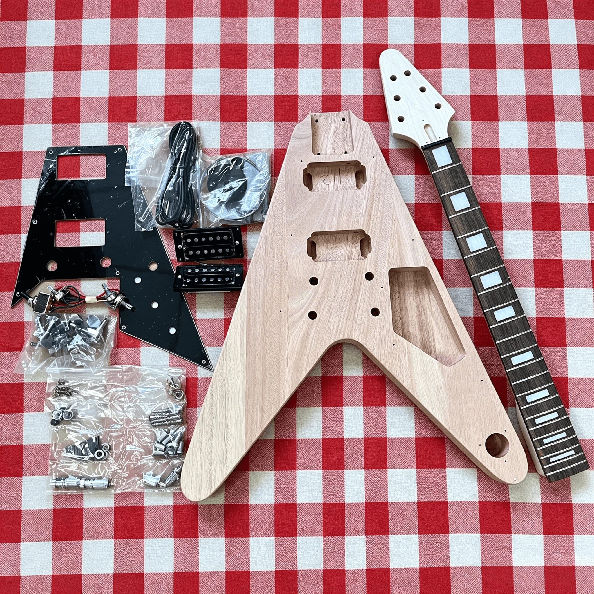 Flying V Unfinished DIY Electric Guitar Kit Mahogany Blank Body & Neck HH Humbuckers Black Pickguard Full Hardware Wiring Set