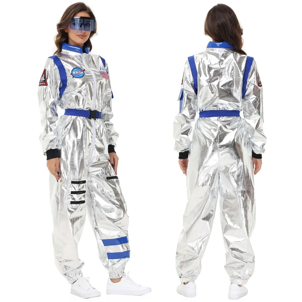 Traje de astronauta prateado para homens e mulheres adultos, macacão de manga comprida, crop top, shorts, festa de Halloween, espaço show, cosplay