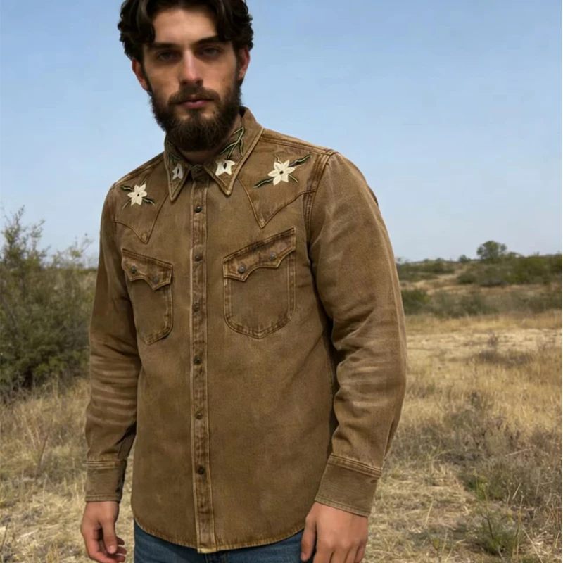 

Мужская зимняя рубашка из утолщенного денима с вышивкой в американском ретро-стиле, синяя, с бахромой, из чистого хлопка, коричневая, с длинным рукавом, стандартный крой