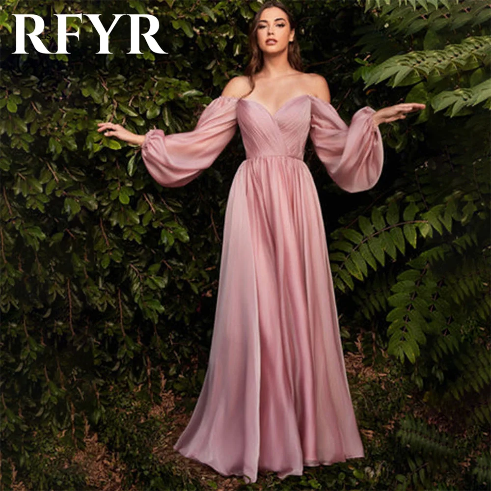 

RFYR Pink Prom Dress Long Full Sleeves Scoop Beach Vestidos Chiffon Off the Shoulder Evening Dress Party For Women Customized