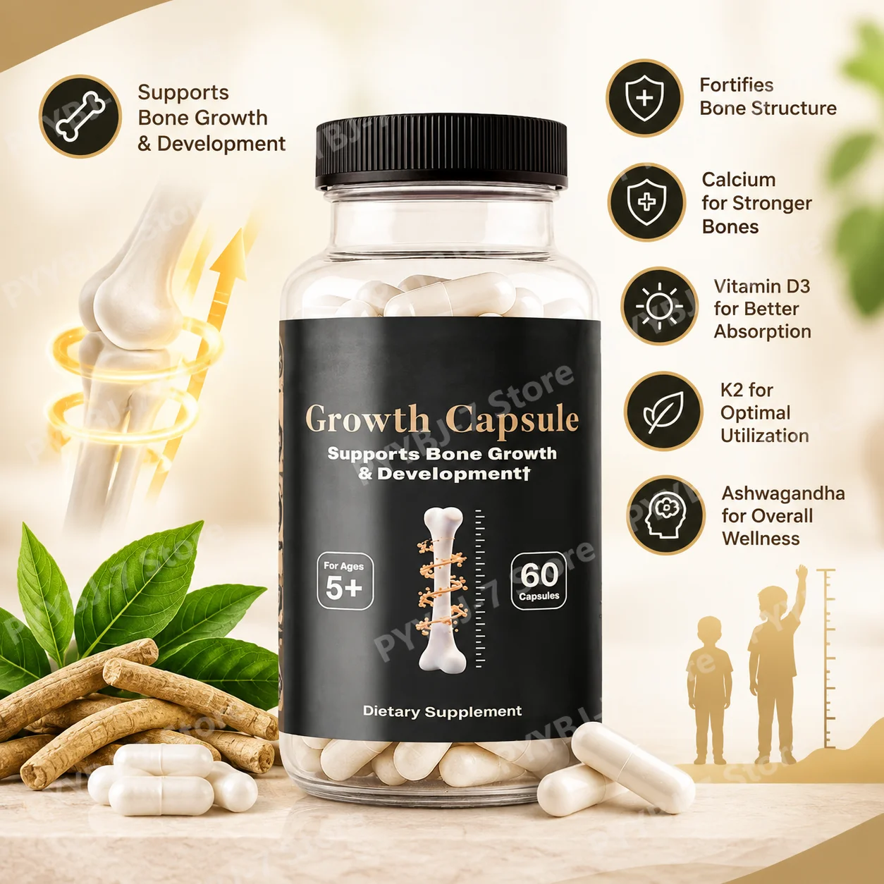 Growth Capsules Fuel Bone Development, Fortify Bone Structure Calcium Vitamin D3 K2 Ashwagandha Formula Ages 5+, 60 Capsules