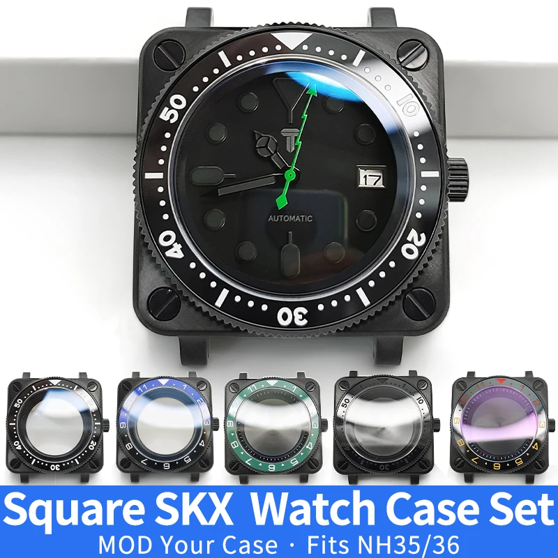 Square SKX Black Watch Case MOD NH35 NH36 4R36 Stainless Steel Crown Sapphire Glass Shiny/Brushed Custom Watches Cases Parts ﻿