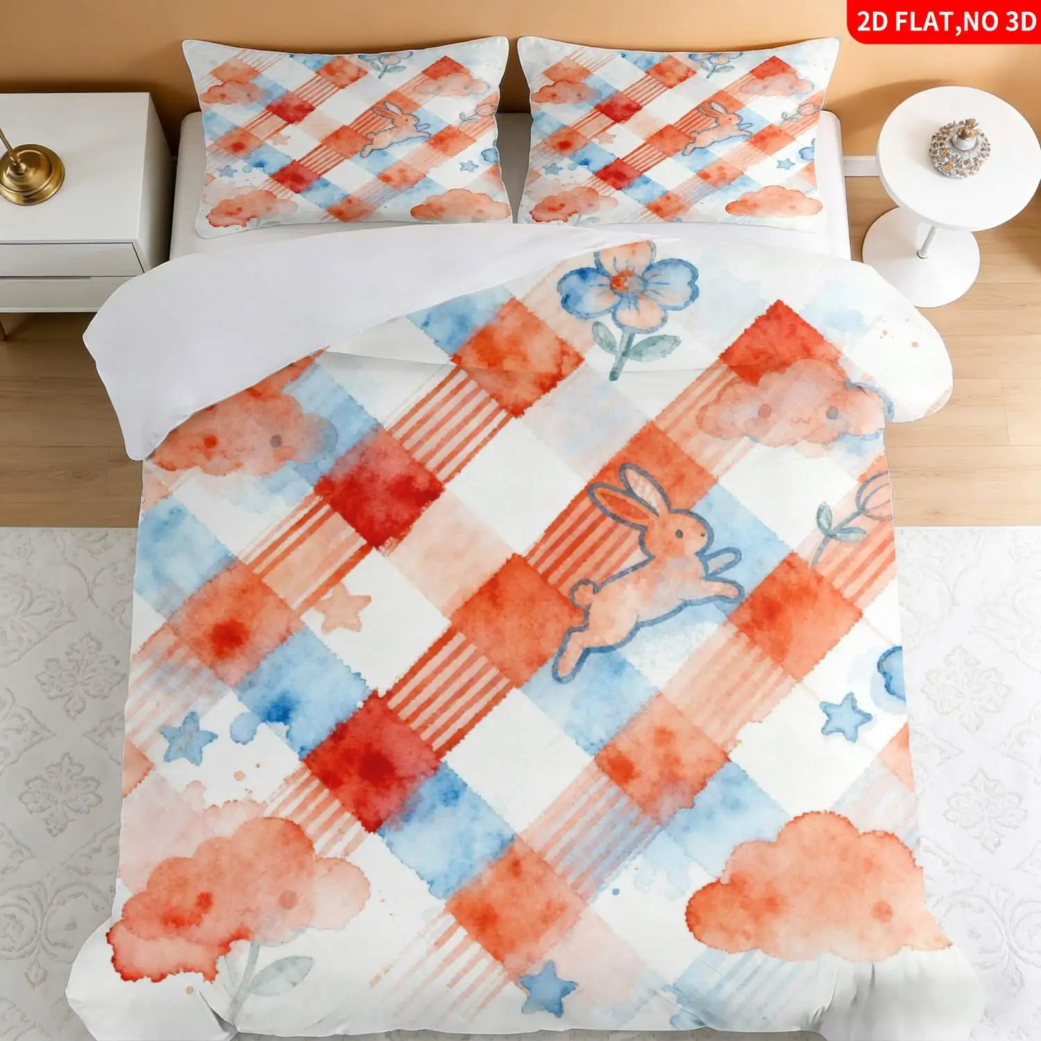 Zippered Duvet Cover Set, Flat Print Duvet Cover Three-Piece Set, Easter-Themed Duvet Cover Bedding, Orange Blue White Watercolor Rabbit Flower Cloud Star Plaid Bed Three-Piece Set (1*Duvet Cover + 2*Pillowcases), Suitable for All Seasons, Machine Washable, Invisible Zipper Design, Large Double Bed Cover Set, Suitable for Home, Dormitory, Master Bedroom, Guest Room, Bedroom Decoration Bedding, Hot-Selling Fantasy Style Duvet Cover Three-Piece Set
