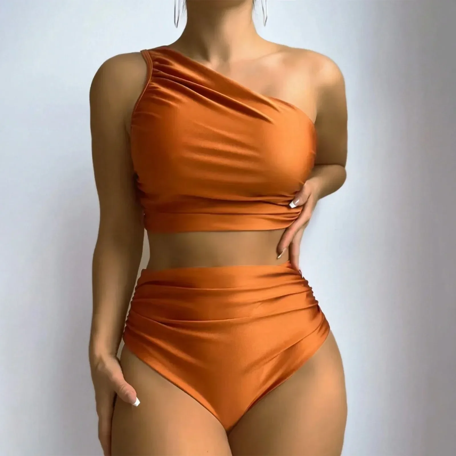 

One Shoulder Sleeveless Bikini Set Summer Beach Women'S Solid Color Pleated Bandage Bathing Suit Swimwear Swimsuit 2024 Trend
