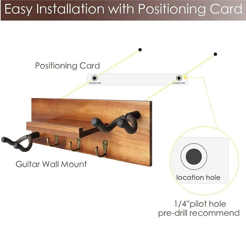 A51Q-Guitar Wall Mount System With Rotatable Hook, Wood Hanger Featuring Shelf And Pick Holder- Wall Stand Rack For Acoustic Gui