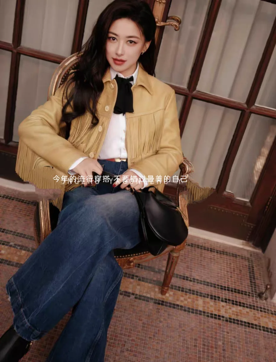 Fringed Western Denim Leather Jacket Outwear Women's Classy Pockets Single Breated Geniune Leather Short Jacket