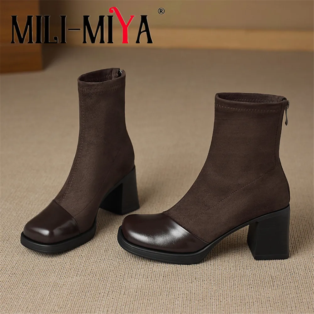 MILI-MIYA Women's Minimalist Microfiber Suede Patchwork Ankle Boots Plus Sizes 3443 With Back Zipper Solid Color Handmade