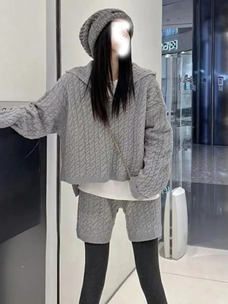 

Soft Cozy Knitted Hat Women's Spring New Lazy Style Grey Sweater Set Twist Yarn Hoodie Female Fashionable Comfortable Springwear