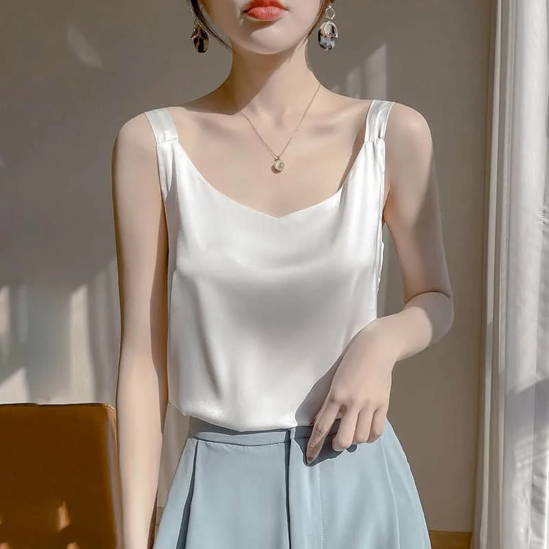 Seiden weste für Frauen Sommer Minimalismus V-Ausschnitt Vintage solide lässige ärmellose Tops grundlegende koreanische Stil enge Tanks Frauen kleidung