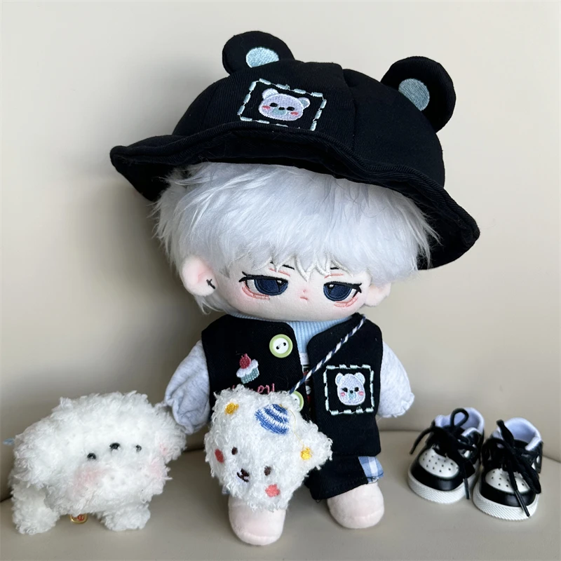 20 cm Plüsch Puppe Kleidung Coole Hübsche Bär Ohr Hut Schwarze Weste T-shirt Grid Spleißen Hosen Schuhe Set Plüsch Puppe zubehör Spielzeug