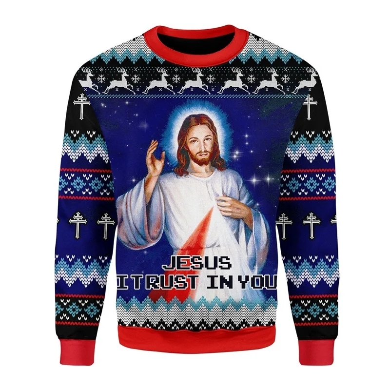 All Over Print Maria And Jesus Graphic Christmas Sweatshirts New In Casual Crew Neck Pullover Sweatshirt Clothes Mens Hoodie Top