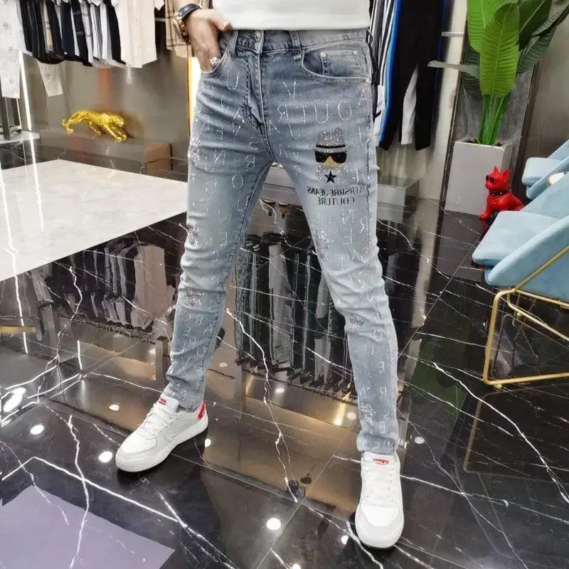 

High-end New Luxury Brand Korean Style Embroidered Jeans Men's Fashion Stretch Slim Streetwear Casual Trousers Boyfriend Jeans